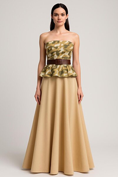 UNTIMELY Camouflage Patterned Strapless Top & Beige Maxi Skirt Top & Bottom Set
