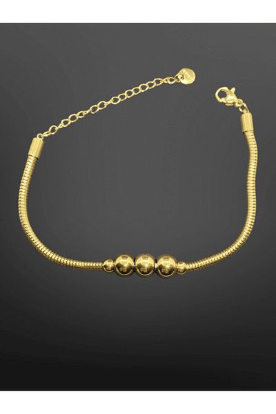 FM Gold Color Snake Chain Three Bead Detailed 316L Steel Bracelet |   Elegant and Modern