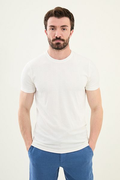Mcr Patterned Slim Fit Crew Neck Men's T-Shirt Ecru - 36862.25Y