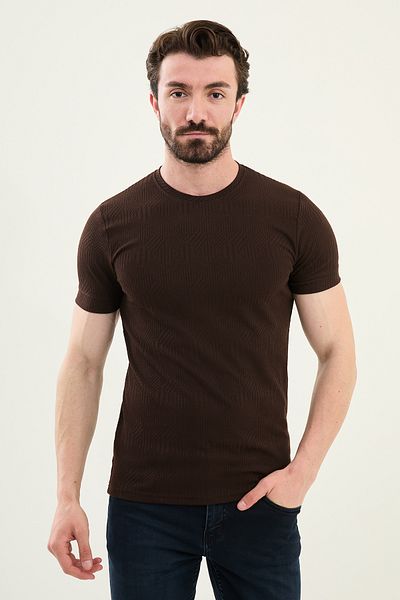 Mcr Patterned Slim Fit Crew Neck Men's T-Shirt Brown - 36861.25Y