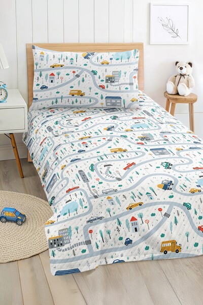 Realhomes مجموعة بيكيه مفردة للأولاد بتصميم سيارة ومدينة ملونة وحديثة