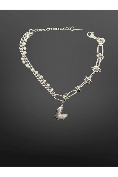 FM Silver Color Heart Figured Pearl and Chain Detailed 316L Steel Bracelet |   Elegant and Modern