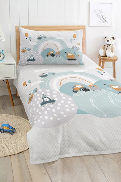 Realhomes مجموعة بيكيه مفردة مطبوعة للأطفال باللون الأزرق الفاتح والأصفر مع ن...