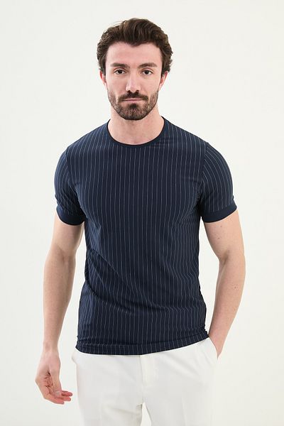 Mcr Striped Slim Fit Crew Neck Men's T-Shirt Navy Blue - 36820.24Y