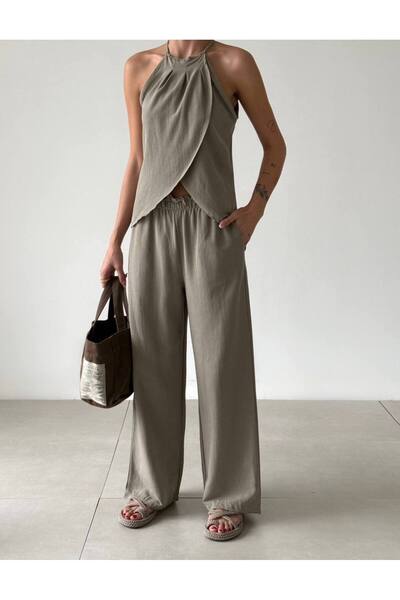 Bisou boyundan bağlı beli lastikli keten takım