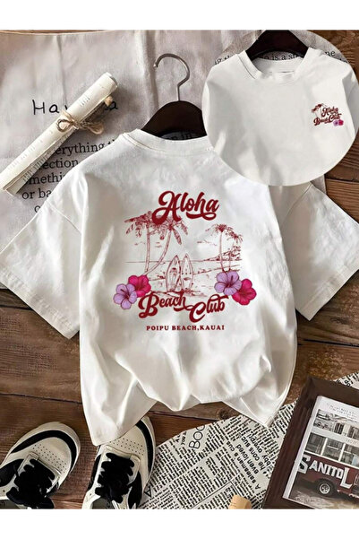 MOONBULL Γυναικείο μπλουζάκι Aloha Beach Club με στάμπα στην πλάτη, oversized