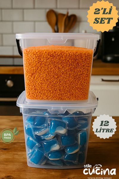 Stile Cucina Mega Boy 2-Piece Square Flour Container 6 Liters - Detergent Dispenser Storage Box with Handles Transparent