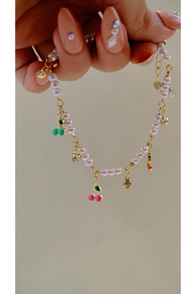 Jerie Mini Pearl and Colorful Cherry Detail Anklet