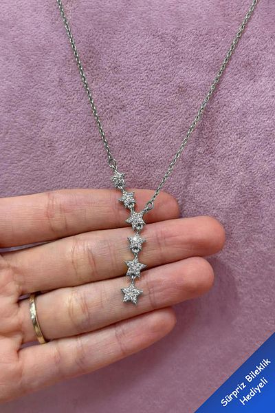 The Collection Shooting Star Y Necklace Tarnish Free Silver Women's Zircon Stone Steel Necklace