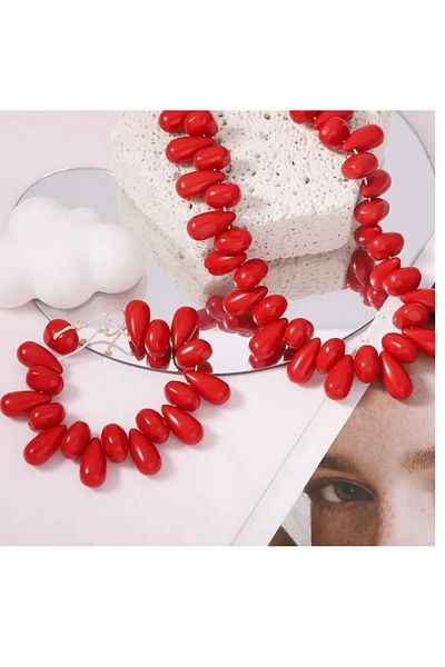 mos&more Red Beaded Water Drop Elegant Necklace