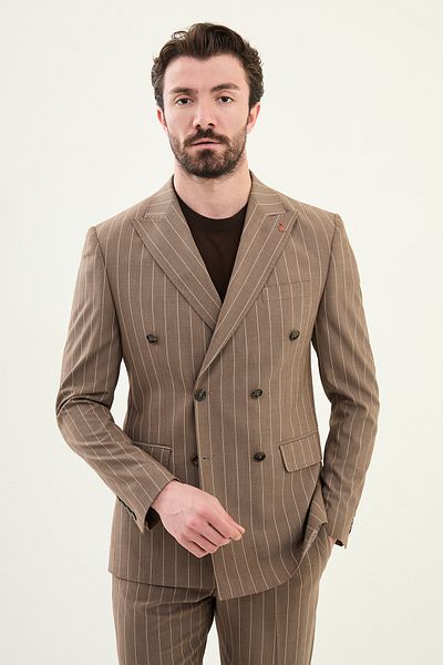 Mcr Striped Slim Fit Wide Collar Double Breasted Men's Suit Mink - 45403.25Y