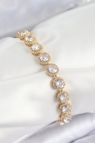Clariss Brass Zircon Stone Circle Baguette Model Gold Color Vip Series Women's Bracelet