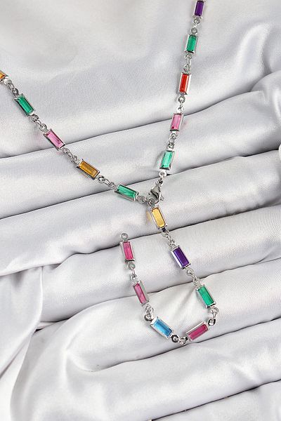Clariss Brass Colored Zircon Stone Rectangular Model Silver Color Women's Y Necklace