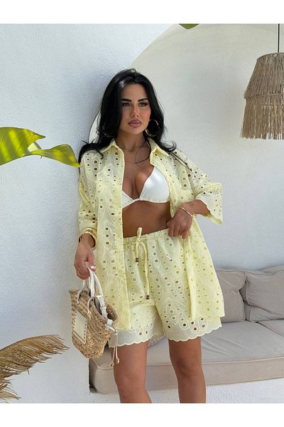 LB Laluna Butik Set cămașă și pantaloni scurți din țesătură Brode pentru femei