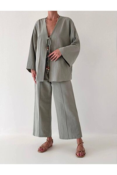 Bisou keten ipli önden bağlamalı beli lastikli kimono alt üst takım