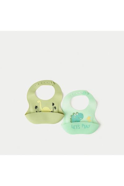 Juniors Dinosaur Print Silicon Bib with Button Closure - Set of 2
