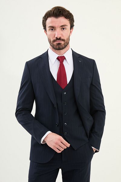 Mcr Striped Slim Fit Mono Collar Wool Men's Suit Dark Navy - 45401.25Y