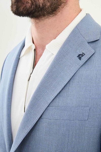 Mcr Plaid Slim Fit Mono Collar Men's Jacket Blue - 41452.25Y