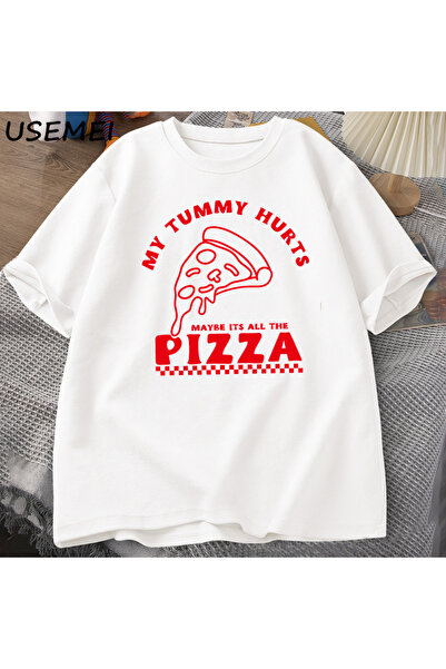 Tarzsokak تي شيرت My Stomach Hurts مقاس كبير بيتزا مضحك قطن بأكمام قصيرة TKWo...