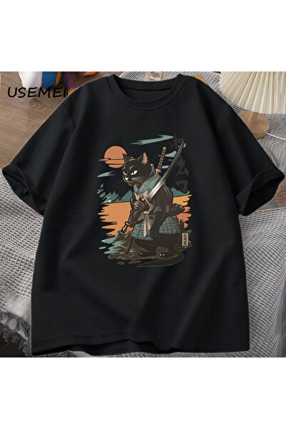 Tarzsokak تي شيرت ساموراي كات على الطراز الياباني تي شيرت كلاسيكي مصمم على شك...