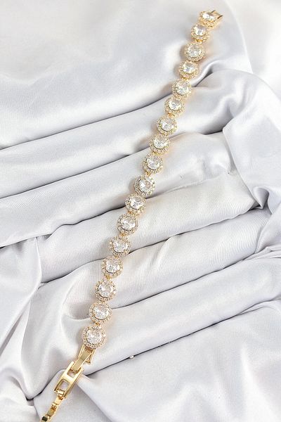 Clariss Brass Zircon Stone Circle Baguette Model Gold Color Vip Series Women's Bracelet