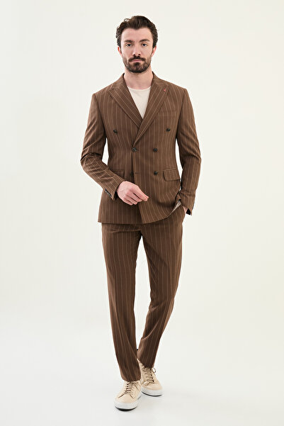 Mcr Çizgili Slim Fit Geniş Yaka Kruvaze Erkek Takım Elbise Kahve - 45403.25Y