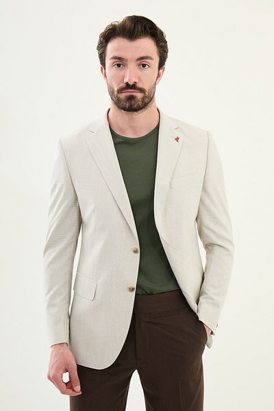Mcr Plaid Slim Fit Mono Collar Men's Jacket Beige - 41452.25Y