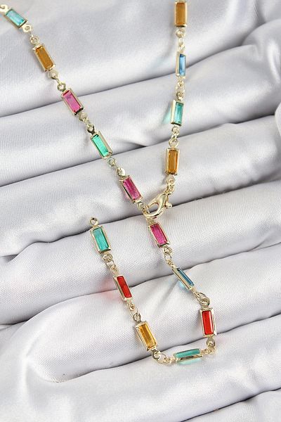 Clariss Brass Colored Zircon Stone Rectangular Model Gold Color Women's Y Necklace