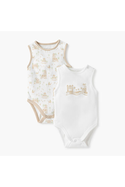 Juniors Printed Sleeveless Bodysuit with Button Closure - Set of 2
