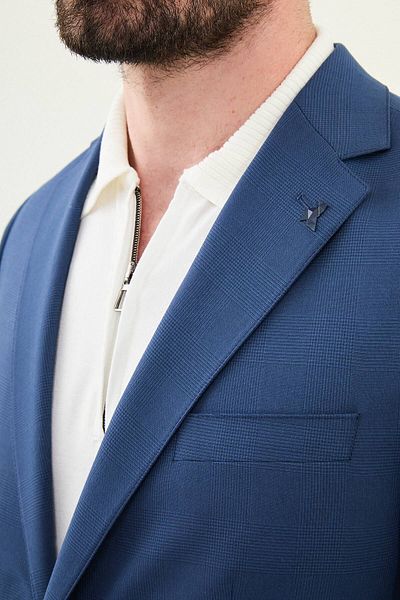 Mcr Plaid Slim Fit Mono Collar Men's Jacket Navy Blue - 41452.25Y
