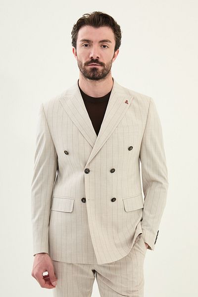 Mcr Striped Slim Fit Wide Collar Double Breasted Men's Suit Stone - 45403.25Y