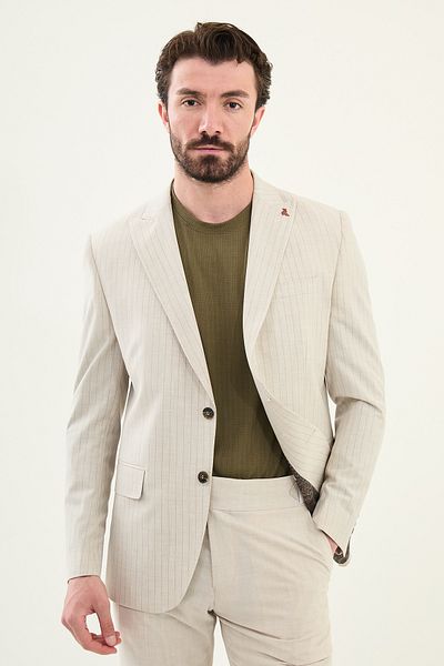 Mcr Striped Slim Fit Wide Collar Men's Jacket Stone - 41457.25Y