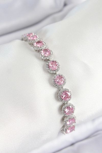 Clariss Brass Pink Zircon Stone Circle Baguette Model Silver Color Vip Series Women's Bracelet