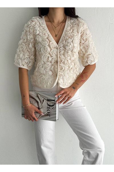 auzou eveil Women's Rose Detailed Short Sleeve Blouse