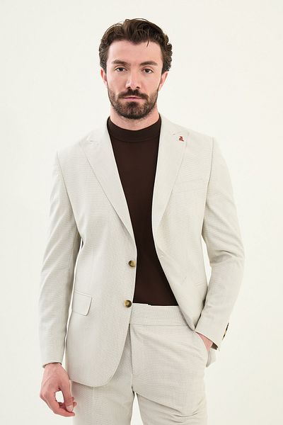 Mcr Patterned Slim Fit Wide Collar Men's Suit Beige - 45398.25Y