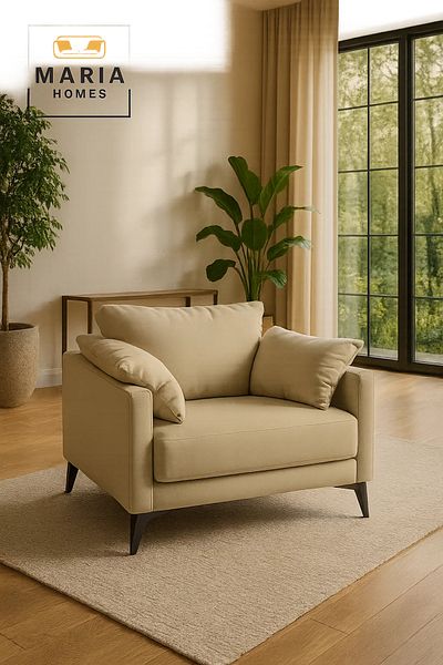 MARIA HOMES Modern Beige Leather Armchair – Wide Seat with Pillow Armrests