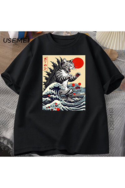 Tarzsokak Catzilla mačka Japanska komična majica za muškarce i žene, vintage ...