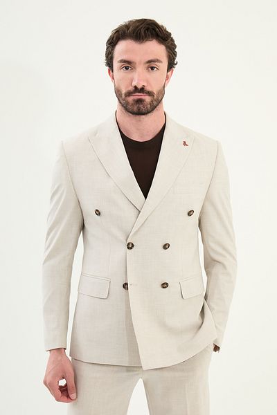Mcr Straight Slim Fit Wide Collar Double Breasted Men's Suit Light Beige - 45389.25Y