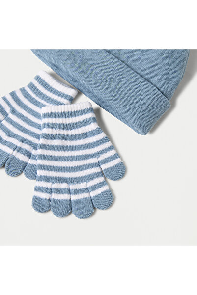 Juniors Solid Beanie Cap and Striped Gloves Set
