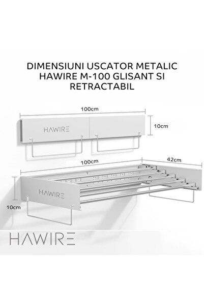 HAWIRE Uscator de rufe glisant M-100, Montabil pe perete, Retractabil, 100X43cm, Alb
