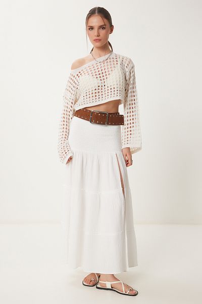 Lovelyİstanbul Spanish Sleeve Openwork Crop Knitwear Blouse Lmc0066 Cream