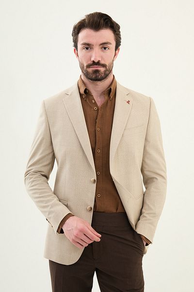 Mcr Plaid Slim Fit Mono Collar Men's Jacket Mink - 41452.25Y