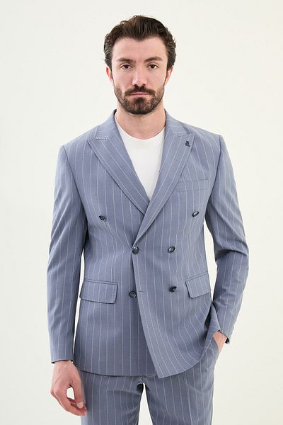 Mcr Striped Slim Fit Wide Collar Double Breasted Men's Suit Indigo - 45403.25Y