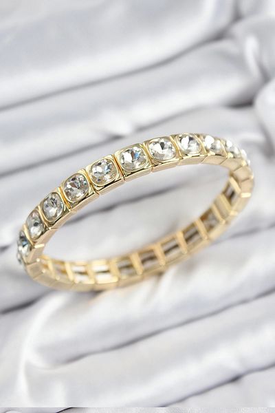 Clariss Brass Zircon Stone Square Model Gold Color Elastic Women's Bracelet