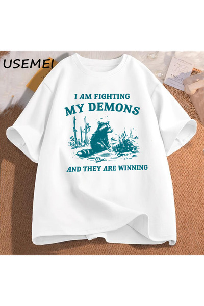 Tarzsokak Tricou I Fight Demons Raccoon Meme, tricou amuzant cu imprimeu graf...