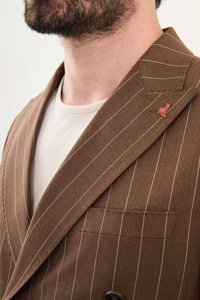 Mcr Striped Slim Fit Wide Collar Double Breasted Men's Suit Coffee - 45403.25Y