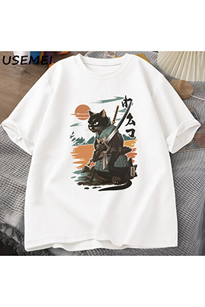 Tarzsokak تي شيرت ساموراي كات على الطراز الياباني تي شيرت كلاسيكي مصمم على شك...