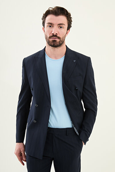 Mcr Striped Slim Fit Wide Collar Double Breasted Men's Suit Navy Blue - 45403.25Y