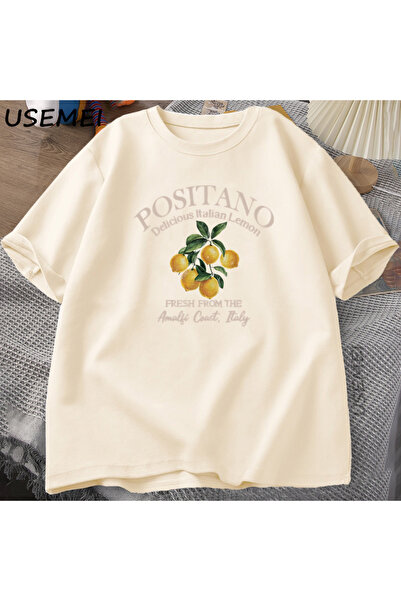 Tarzsokak تي شيرت بوسيتانو ليمون تي شيرت إيطالي من القطن مطبوع عليه ليمون بأك...