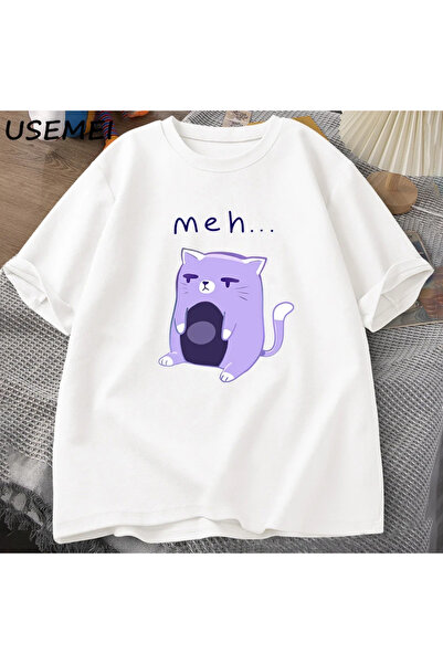 Tarzsokak تي شيرت Meh Cat للرجال ملابس برقبة دائرية من القطن تي شيرت كبير الح...